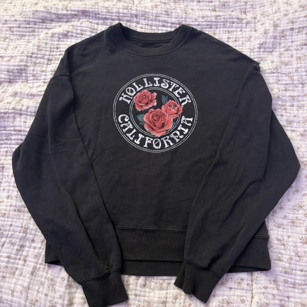 Hollister Black Long Sleeve Tee with Red Rose Design
